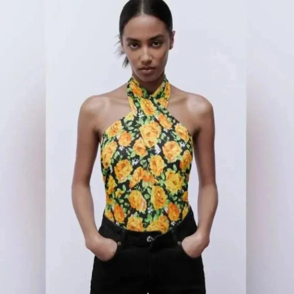 NWT Zara Twisted Halter Floral Black & Yellow Bodysuit